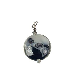 Handcrafted Black White Murano Glass Pendant Abstract Swirl Design Sterling Silv